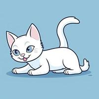 adorable minúsculo blanco gato, agazapado, juguetón, feliz, kawaii estilo ilustración, plano icono, dibujo, generar ai foto