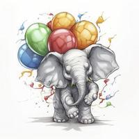 cute and friendly baby elephant holding colorful balloons, friendly colors, big round goggle eyes, plain white background, generat ai photo