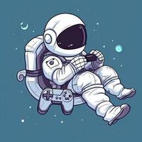 Cute astronaut chill relaxation on game controller cartoon icon illustration. technology science icon concept isolated. flat cartoon style, generat ai photo