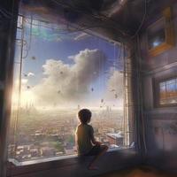 child sitting at apartment window looking outside, mid day sky clouds sci-fi environment, looking into robotic cantilever shipping containers below floating spacecraft cargo god ray lights, generat ai photo