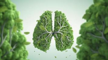 Photo conceptual image human lungs made of green leaves trees lungs of the planet fresh breath ecology clean energy modern design magazine style copy space 3d illustration 3d rendering, generat ai