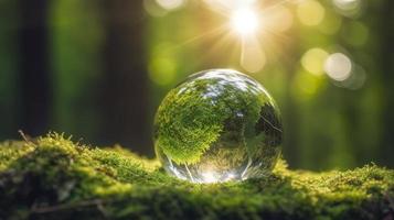 Photo sunlight with earth sphere crystal or sustainable globe glass on green moss nature background in ecology environment forest concept of tree conservation environmental planet eco, generat ai