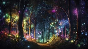 un hermosa cuento de hadas encantado bosque a noche hecho de reluciente cristales con arboles y vistoso vegetación, generar ai foto