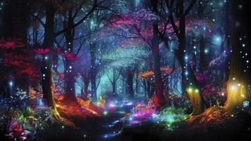 un hermosa cuento de hadas encantado bosque a noche hecho de reluciente cristales con arboles y vistoso vegetación, generar ai foto