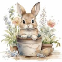 baby bunny with flowers in pot on white background, watercolor, neutral colors, Generate Ai photo