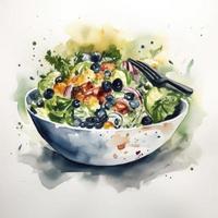 easy abstract watercolor drawing of a salad bowl, white background, Generate Ai photo