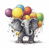 cute and friendly baby elephant holding colorful balloons, friendly colors, big round goggle eyes, plain white background, generat ai photo