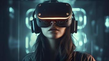 Photo portrait cyberpunk woman on the isolated blurred background cyborg character wearing  virtual reality goggles, generat ai