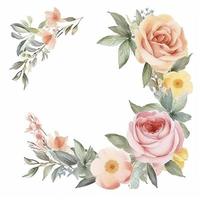 watercolor, cute and perfect rose flower and blooms, wedding decorative perfect rectangle frame border, white background, generat ai photo