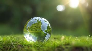 a glass globe concept day earth save the world save environment the world is in the grass of the green bokeh background, generat ai photo