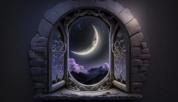 místico ventana con creciente Luna en noche cielo, islámico saludo eid Mubarak para musulmán vacaciones. eid-ul-adha festival celebracion. Arábica Ramadán Kareem, generar ai foto