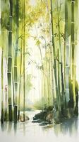 Watercolor Light Bamboo forest with side view and simple white background, with Small river, Generate Ai photo