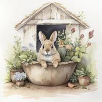 baby bunny with flowers in pot on white background, watercolor, neutral colors, Generate Ai photo