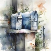 watercolor painting, a separate high-volume mailbox, the background is the smudge effect, morandi color, Generate Ai photo