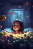 A cute little girl lying in bed dreaming, beautiful big eyes, fantasy creature, jellyfish floating, dreamy bedroom, soft bed, bright colors, generat ai photo