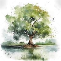 meedow, one tree, water color, pastel color with white background, generat ai photo