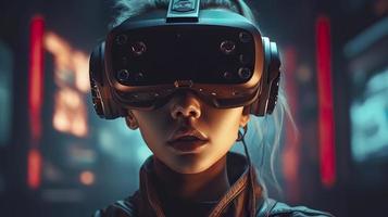 Photo portrait cyberpunk woman on the isolated blurred background cyborg character wearing  virtual reality goggles, generat ai