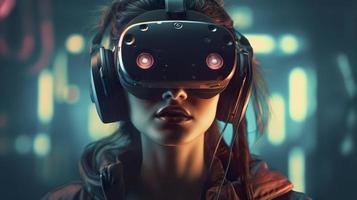 Photo portrait cyberpunk woman on the isolated blurred background cyborg character wearing  virtual reality goggles, generat ai