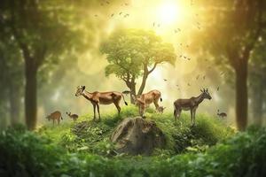 Photo concept nature reserve conserve wildlife reserve tiger deer global warming food loaf ecology human hands protecting the wild and wild animals tigers deer, generat ai