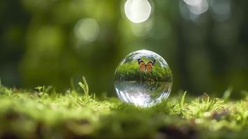 Concept save the world save environment the world is in the grass of the green bokeh background, generat ai photo