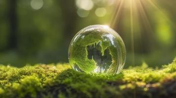Photo sunlight with earth sphere crystal or sustainable globe glass on green moss nature background in ecology environment forest concept of tree conservation environmental planet eco, generat ai