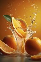 Orange and milk poster, several oranges, splashes of milk, Generate Ai photo