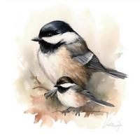 free chickadee mother with chickadee child water color, pastel ,white background, generat ai photo