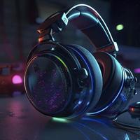 headphones with neon with neon background, generat ai photo