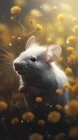 mouse with flowers blowing in the air, in the style of realistic landscapes with soft, tonal colors, generat ai photo
