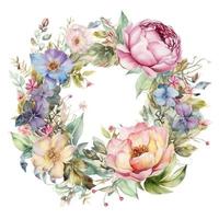 watercolor, cute and perfect rose flower and blooms, wedding decorative perfect rectangle frame border, white background, generat ai photo