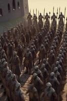 Generate a 2D image of a medieval army in formation with soldiers standing in neat rows and columns. The scene should be set during the day with bright natural lighting, generat ai photo