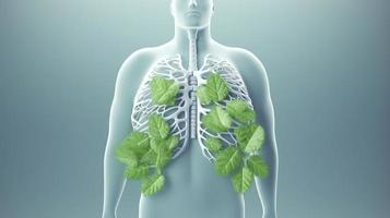 Photo image human lungs made of green leaves on the background of male body fresh breath pneumonia prevention smoking modern design magazine style copy space 3d illustration 3d rendering, generat ai