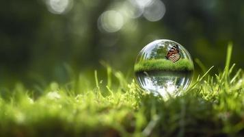 Concept save the world save environment the world is in the grass of the green bokeh background, generat ai photo