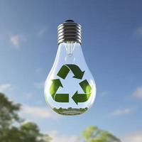 Glass bulb suspended in the air with a blue sky in the background and a green recycling symbol inside it. 3d render, generat ai photo