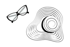 Set of outline drawing of a summer hat with wide brim and stripes around and glasses. Hello summer vector