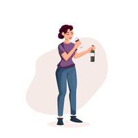 nacional vino día. un joven mujer Bebiendo vino y participación un vaso y un botella de vino. vector dibujos animados