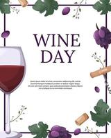 wine day. template for flyer, banner, invitation, advertisement. wine bottle, grapes, corkscrew, leaves, cork. Vector. Cartoon vector
