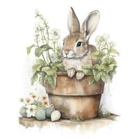 baby bunny with flowers in pot on white background, watercolor, neutral colors, Generate Ai photo