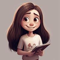 cute character, big lips, rosy cheeks, long dark hair, holding an iPad, smiling, white T-shirt, light colors, generat ai photo