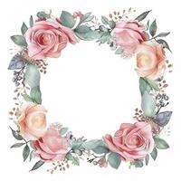 watercolor, cute and perfect rose flower and blooms, wedding decorative perfect rectangle frame border, white background, generat ai photo