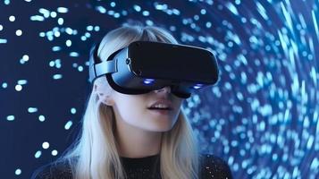 joven rubia mujer mira a resumen luces en negro virtual realidad lentes en un azul fondo, generar ai foto