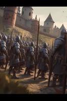 Generate a 2D image of a medieval army in formation with soldiers standing in neat rows and columns. The scene should be set during the day with bright natural lighting, generat ai photo