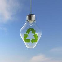Glass bulb suspended in the air with a blue sky in the background and a green recycling symbol inside it. 3d render, generat ai photo