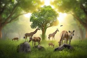 Photo concept nature reserve conserve wildlife reserve tiger deer global warming food loaf ecology human hands protecting the wild and wild animals tigers deer, generat ai