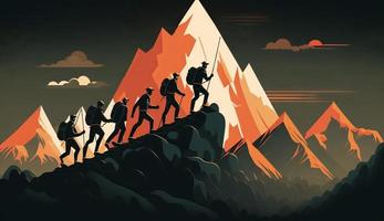 illustration Leader leads his men to the top of the mountain and reach the goal photo