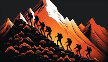 illustration Leader leads his men to the top of the mountain and reach the goal photo