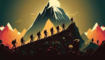 illustration Leader leads his men to the top of the mountain and reach the goal photo