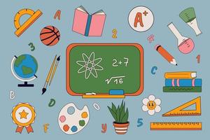 Vector set of school supplies in 60s, 70s, 80s style. Blackboard, ruler, basketball, books, pencil, test tubes, paintbrush, flower.  Cartoon comic style. Back to School.