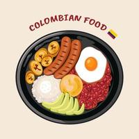 Bandeja paisa. Popular meal in Colombian cuisine. Vector illustration of food. Bandeja de arriero, Bandeja montanera or antioquena.Colombian food with egg, sausage,avocado, fried banana,rice and beans