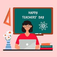 Vector illustration for Teacher's Day. Teacher in the classroom with blackboard, books and flowers on the table. Teacher character in flat style.